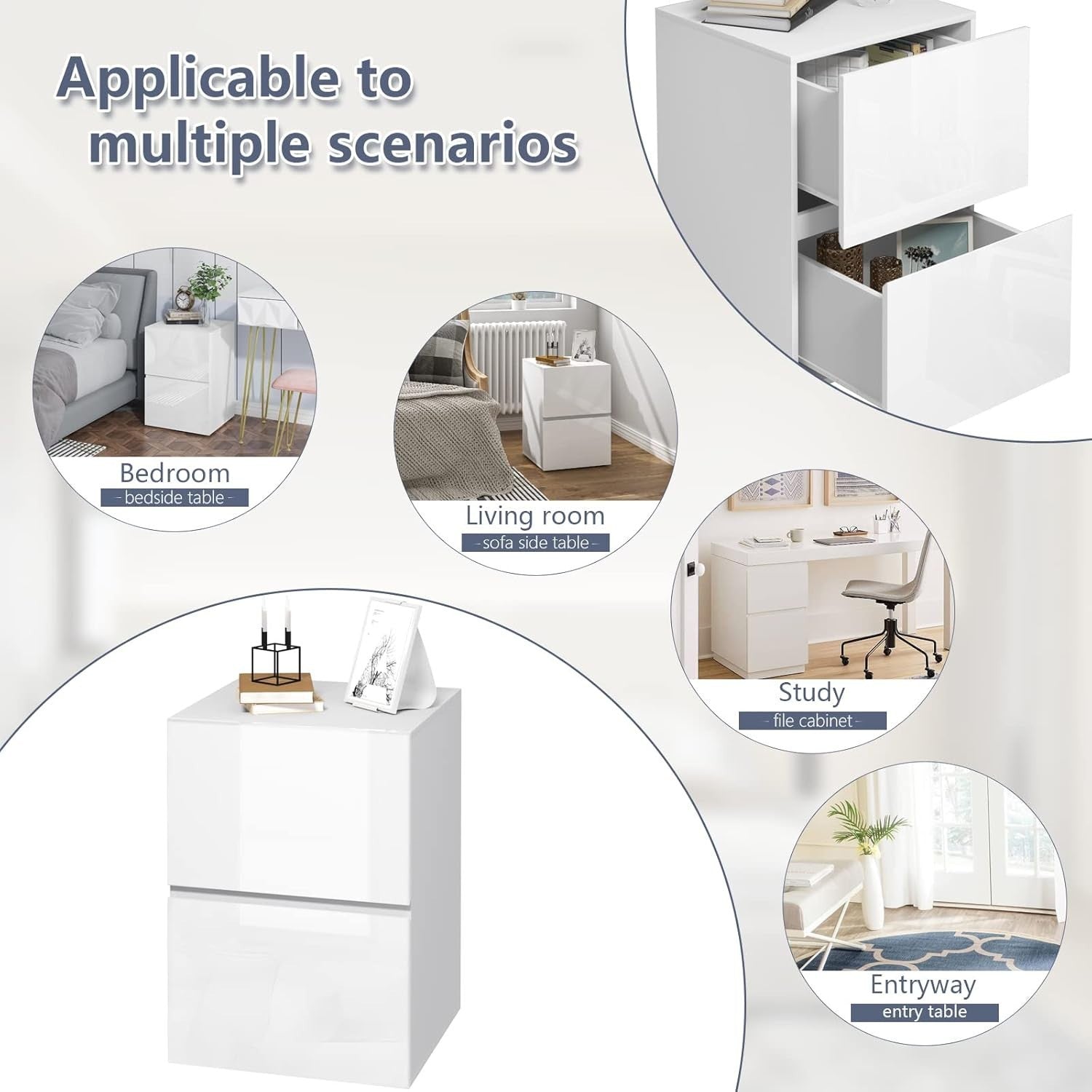 Set of 2 White High Gloss Bedside Tables with 2 Drawers Modern Nightstands