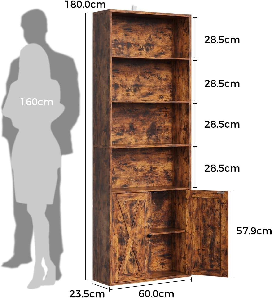 6 Tier Tall Retro Brown Bookcase with Doors Storage Display Shelf 60x23.5x180cm