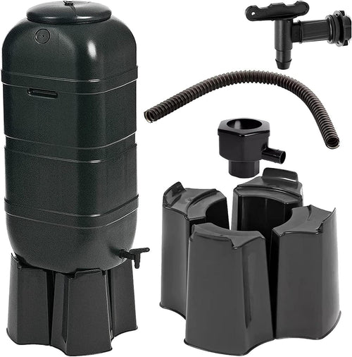 100L Outdoor Slim Line Rainwater Butt With Tap Stand & Lid Black NEW