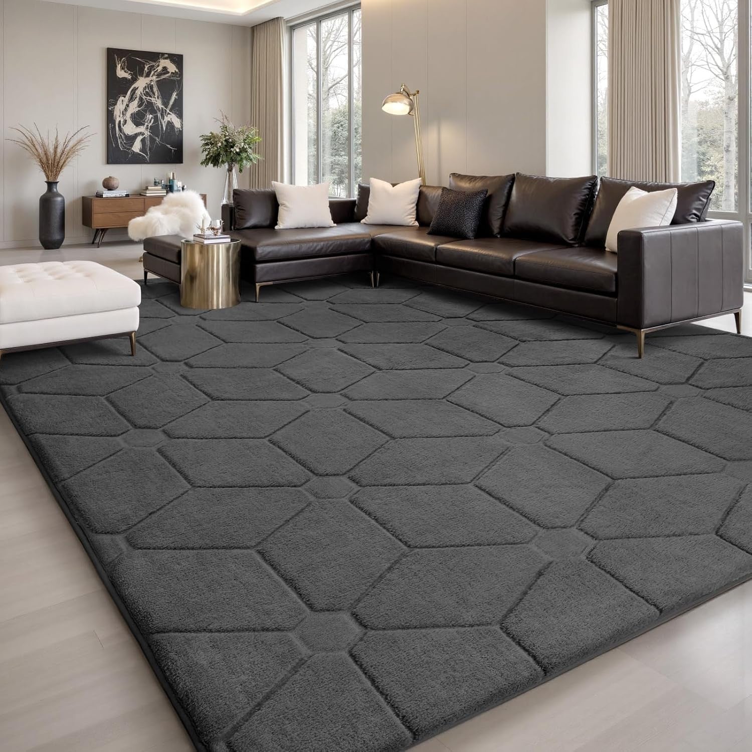 Dark Grey Area Rug 140x200cm Short Pile Washable Anti Slip Living Room