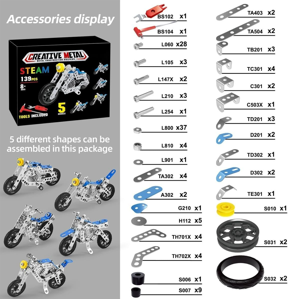 STEM Metal Motorcycle Building Kit 139pcs Toy Model Set for Kids Age 5+