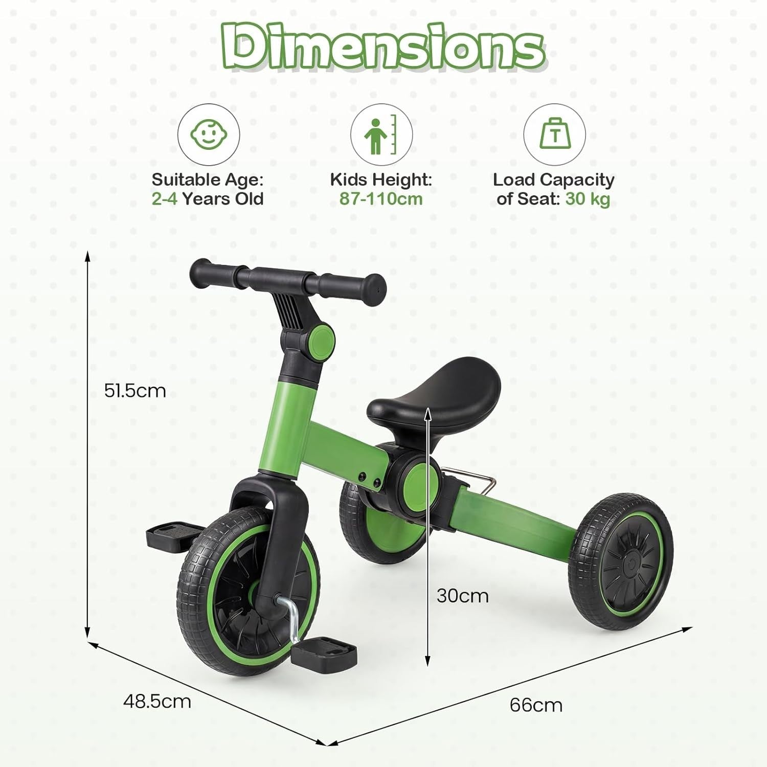 4 in 1 Kids Tricycle Balance Bike Foldable Adjustable Handle Green