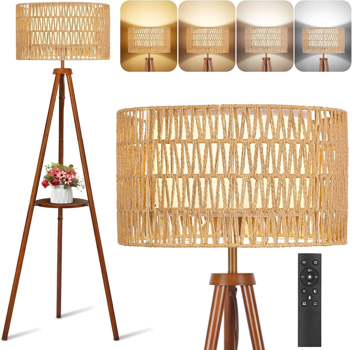 Wooden Tripod Floor Lamp Rattan Double Shade Remote Dimmable Boho