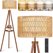 Wooden Tripod Floor Lamp Rattan Double Shade Remote Dimmable Boho