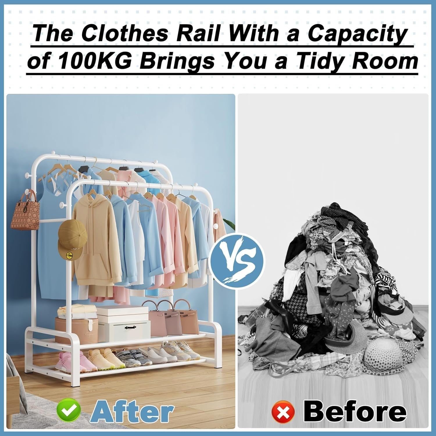 Heavy Duty Double Rail Clothes Rack with Shoe Shelves – White