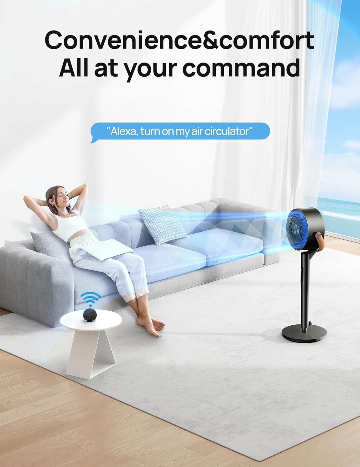 43-Inch Smart Standing Fan Black Quiet DC Motor 8-Speed Floor Fan w Remote App