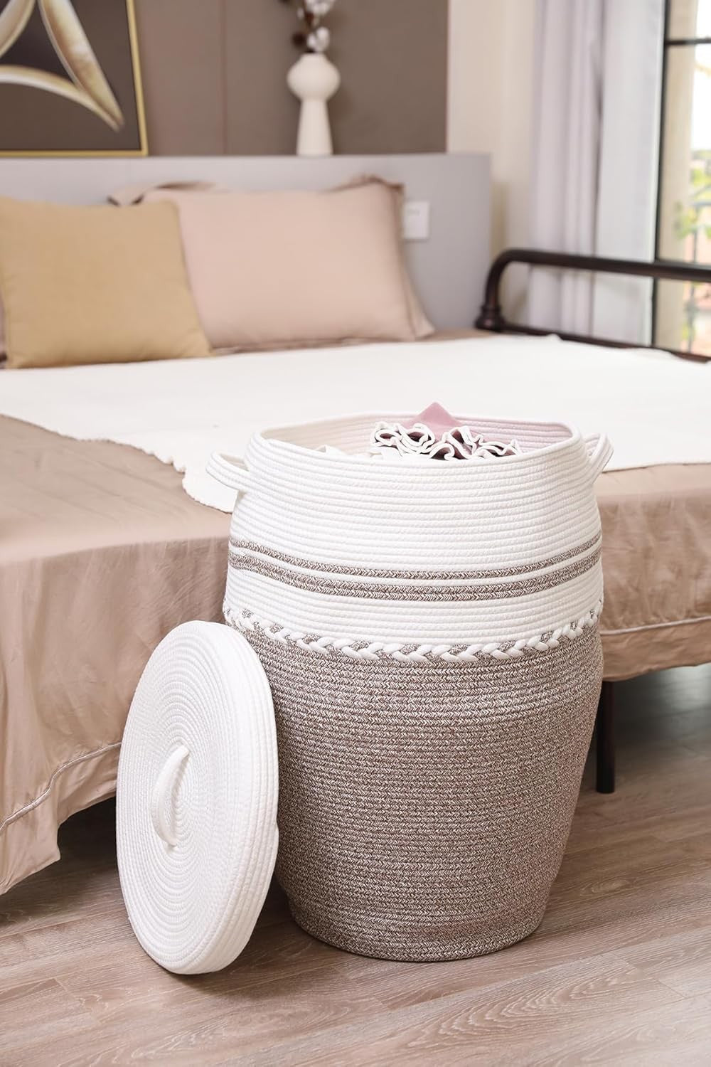26" Tall White Camel Cotton Rope Laundry Basket with Lid Large Woven Storage Bin