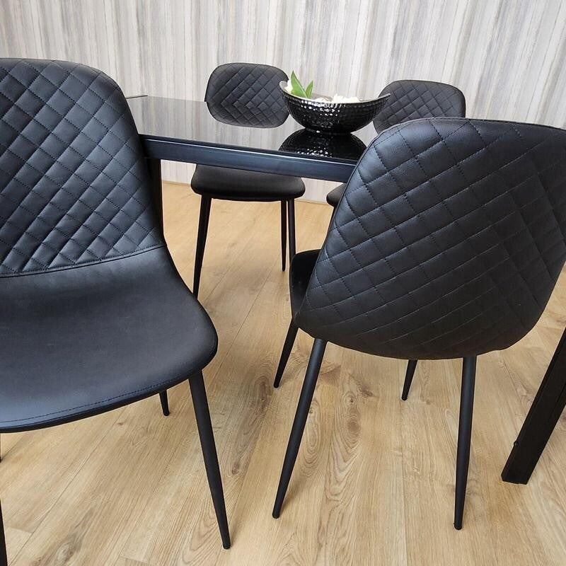 Black Glass Dining Table Set with 4 Leather Chairs Modern Italian Design
