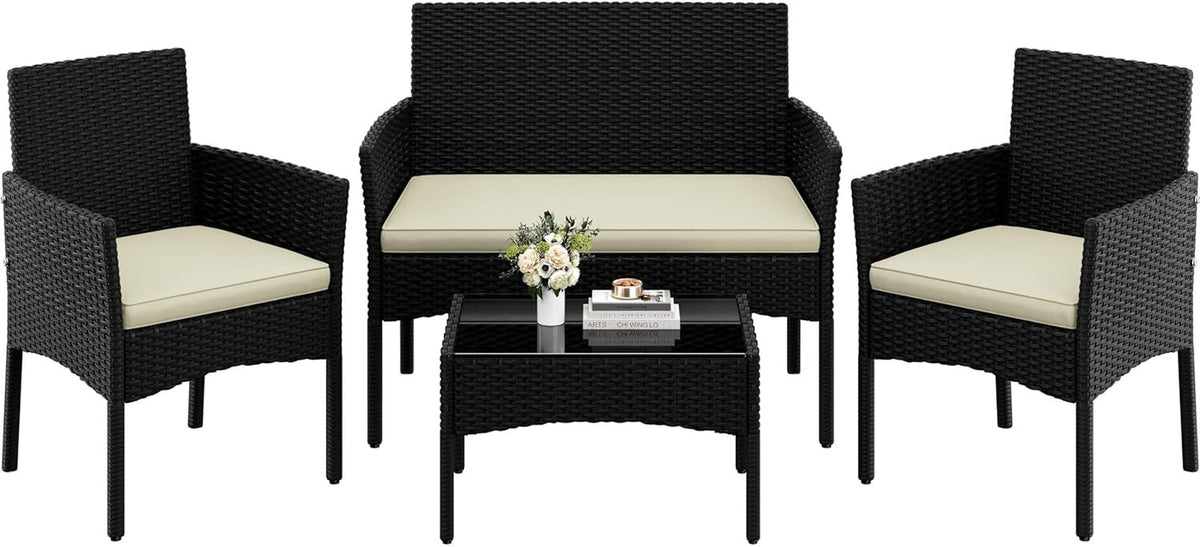Outdoor Rattan Garden Sofa Set with Cushions & Tempered Glass Table Patio