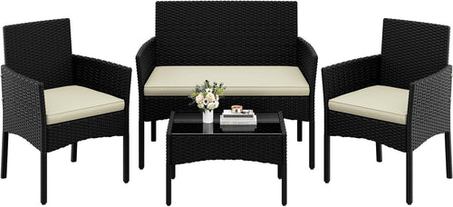 Outdoor Rattan Garden Sofa Set with Cushions & Tempered Glass Table Patio