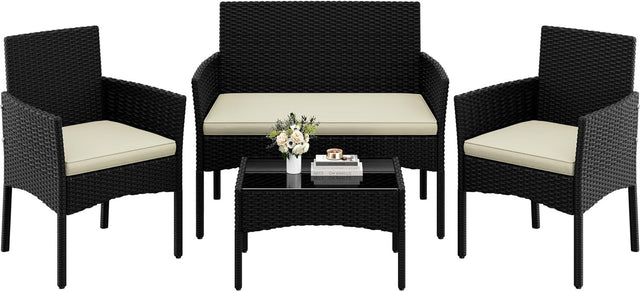 Outdoor Rattan Garden Sofa Set with Cushions & Tempered Glass Table Patio