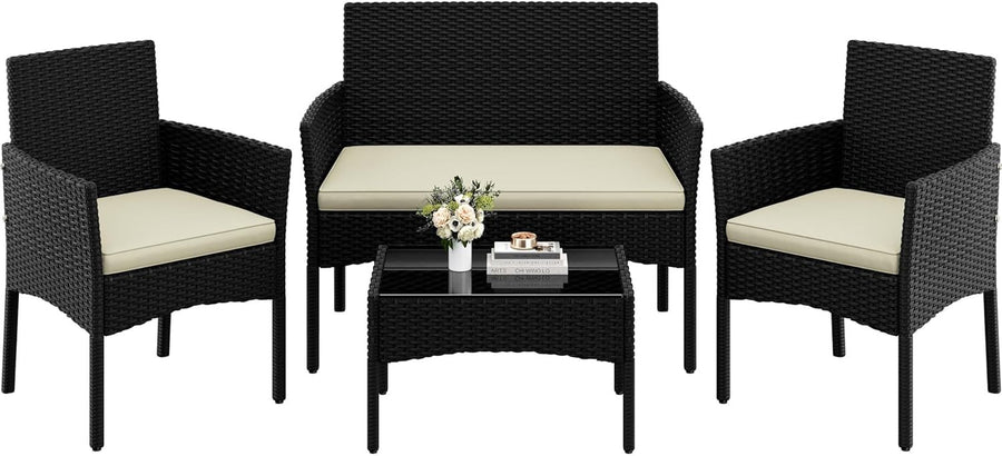 Outdoor Rattan Garden Sofa Set with Cushions & Tempered Glass Table Patio