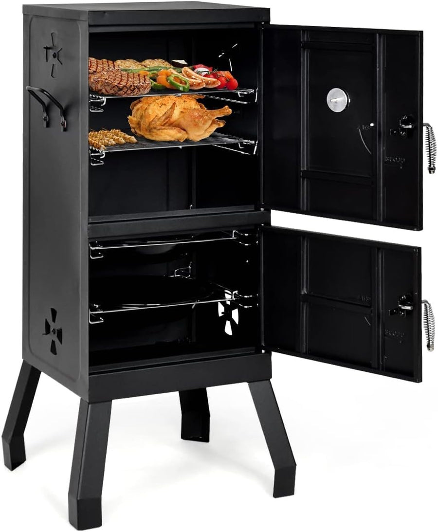 Charcoal BBQ Smoker Grill with Thermometer 2 Door Outdoor Roaster Cooking Oven