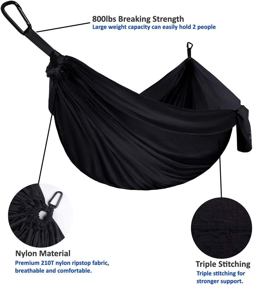 Ultra-Light Camping Hammock 500lb Capacity w Tree Straps Black