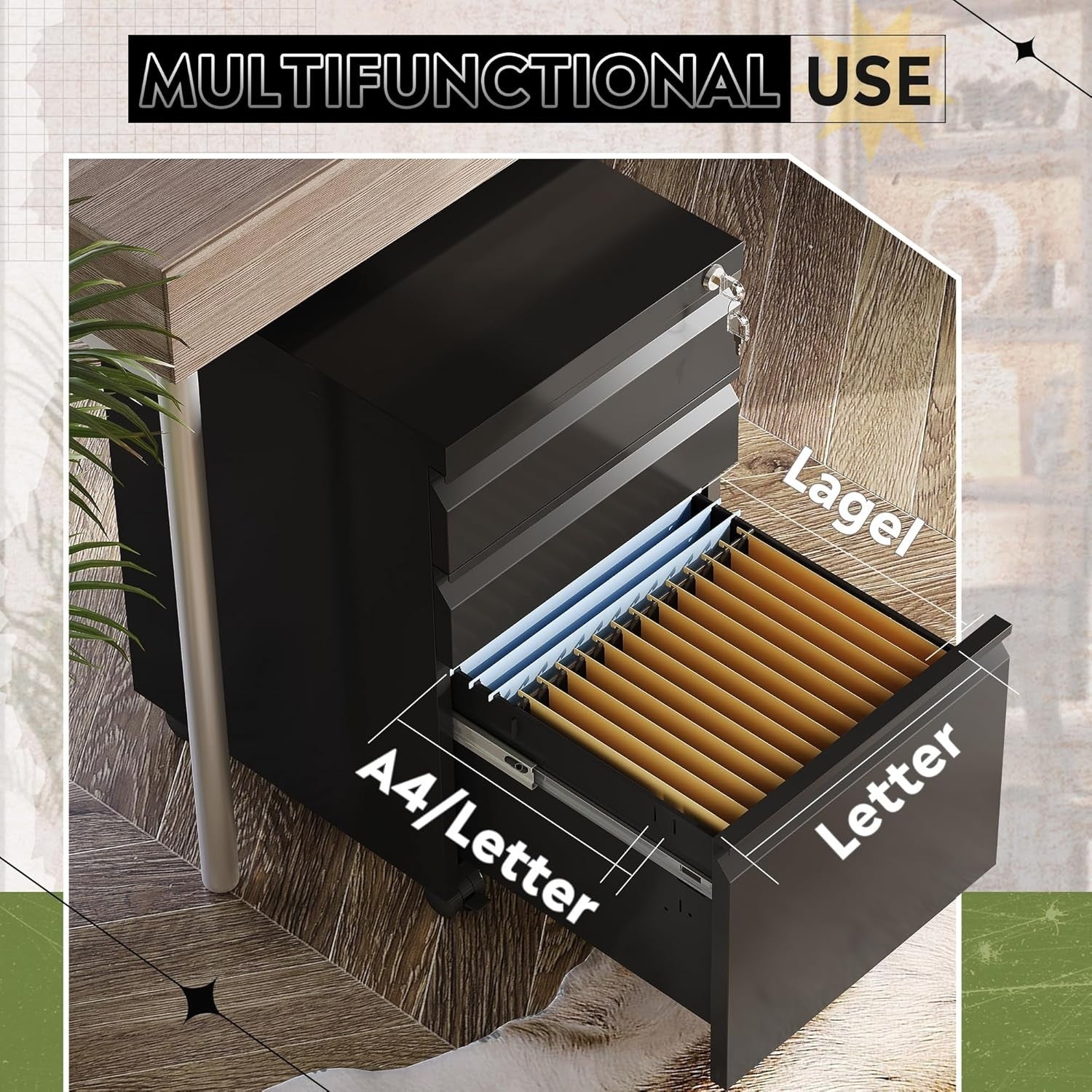 Black 3 Drawer Lockable File Cabinet 43x37x60cm Mobile Under Desk