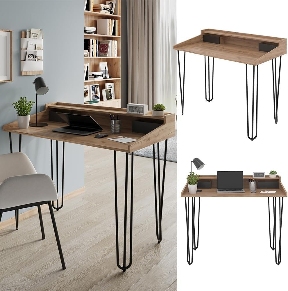 Oak & Black Office Desk with Drawers, 110 x 60 cm Modern Study Table