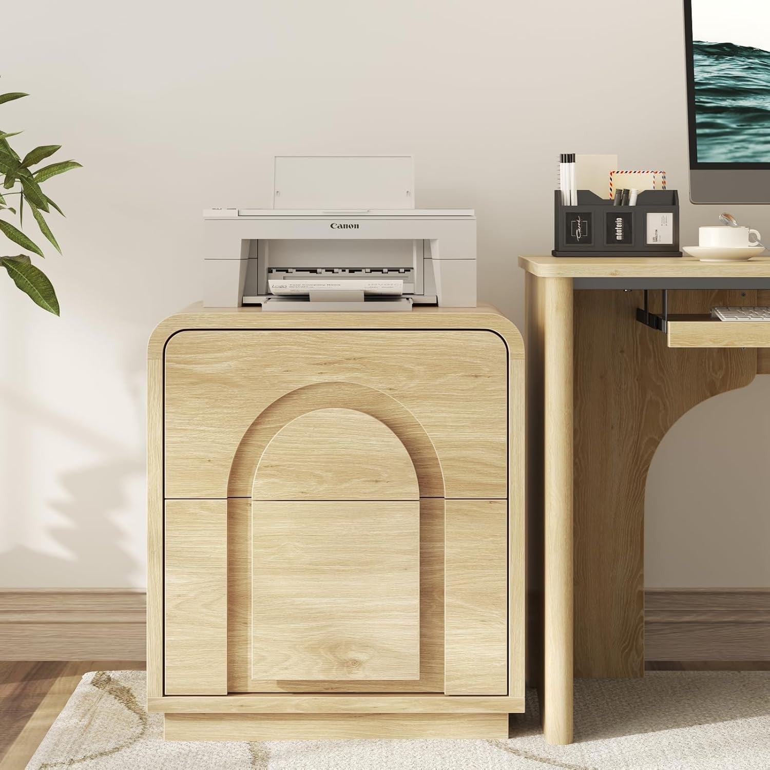 Mid Century Curved Bedside Table with Charging Station & 2 Drawers Storage