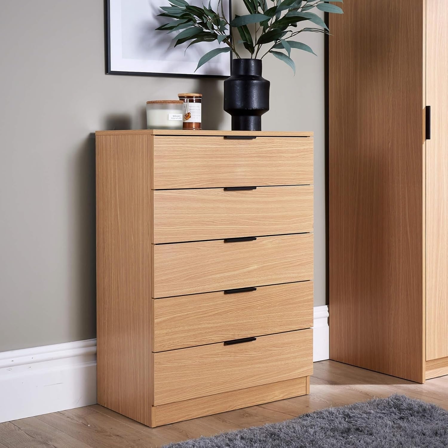 Oak 5 Drawer Chest of Drawers Storage Unit Modern Bedroom Tall Cabinet