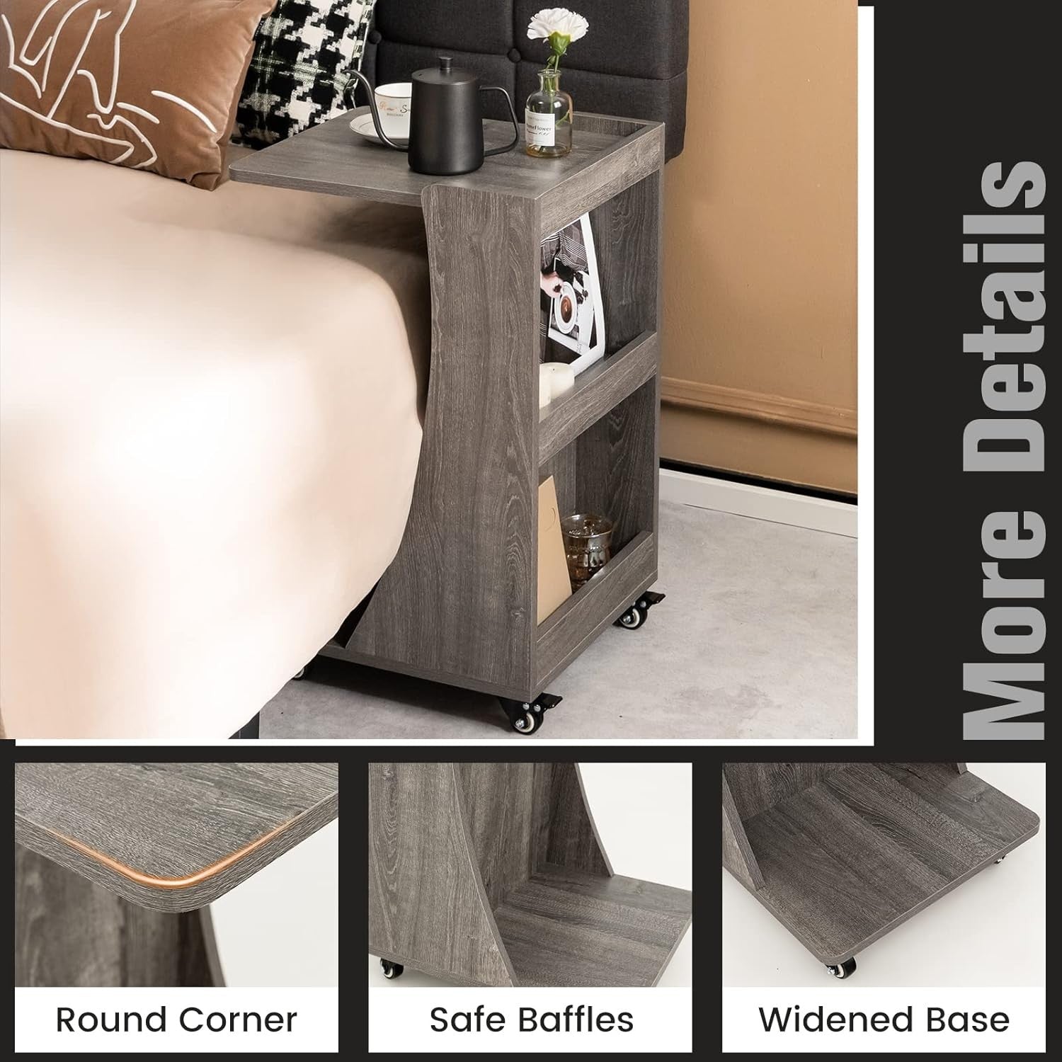 Modern C-Shaped Mobile Side Table with Wheels, Storage Shelves & Compact Design