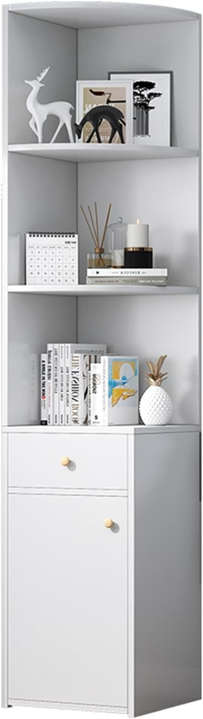 Corner Storage Cabinet White 3-Tier Shelves with Drawer & Door 150x30cm