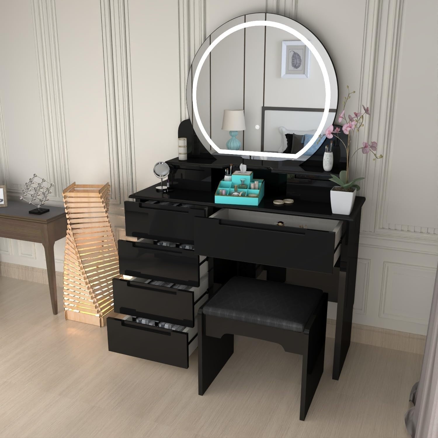 Modern Dressing Table Set 5-Drawer Vanity Makeup Desk Mirror Grey High Gloss