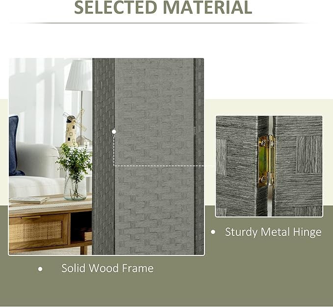 4 Panel Folding Room Divider – Grey Woven Privacy Screen for Bedroom