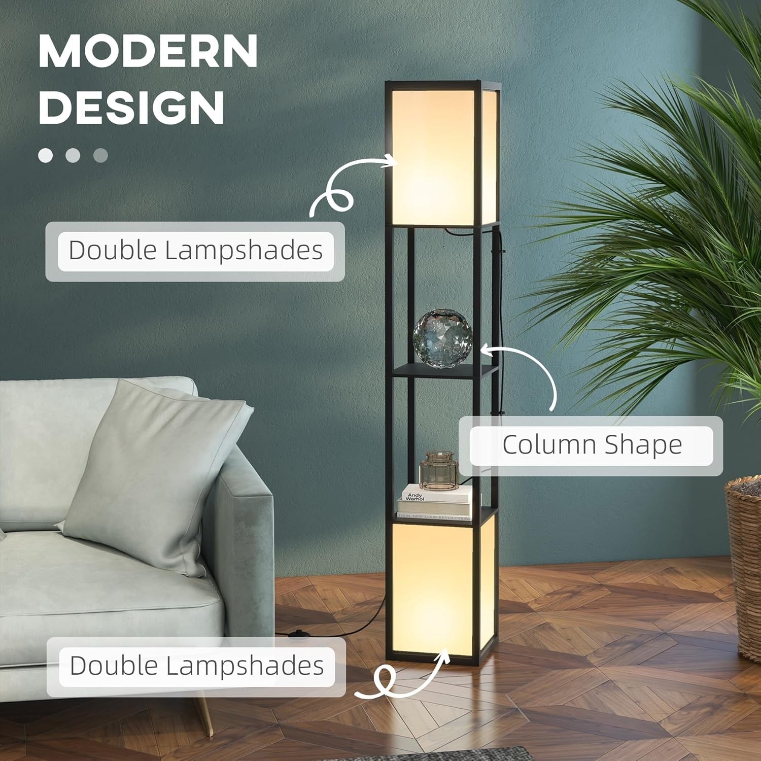 Floor Lamp with Shelves Dual Light Modern Corner Standing Lamp Shade