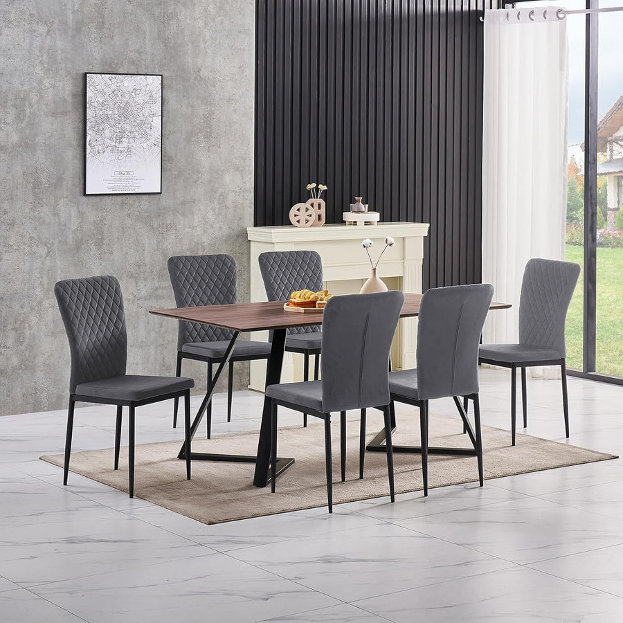 Modern Velvet Dining Table & 6 Chairs Set, Oak 150x80x75cm, Grey Comfort