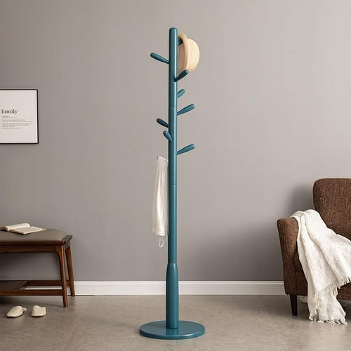 Blue Wooden Freestanding Coat Rack with 9 Hooks | Modern Hall Stand for Home