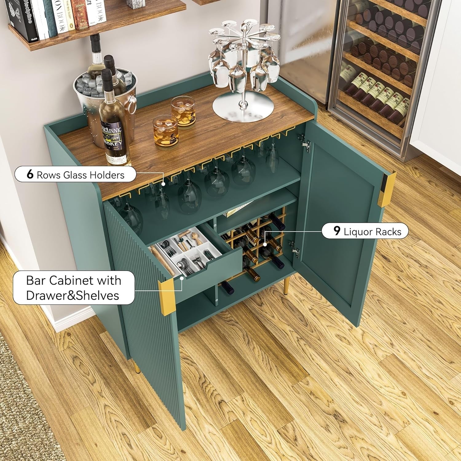 Modern Drinks Cabinet Wine Bar Storage Unit with Glass Holder & 9 Bottle Rack