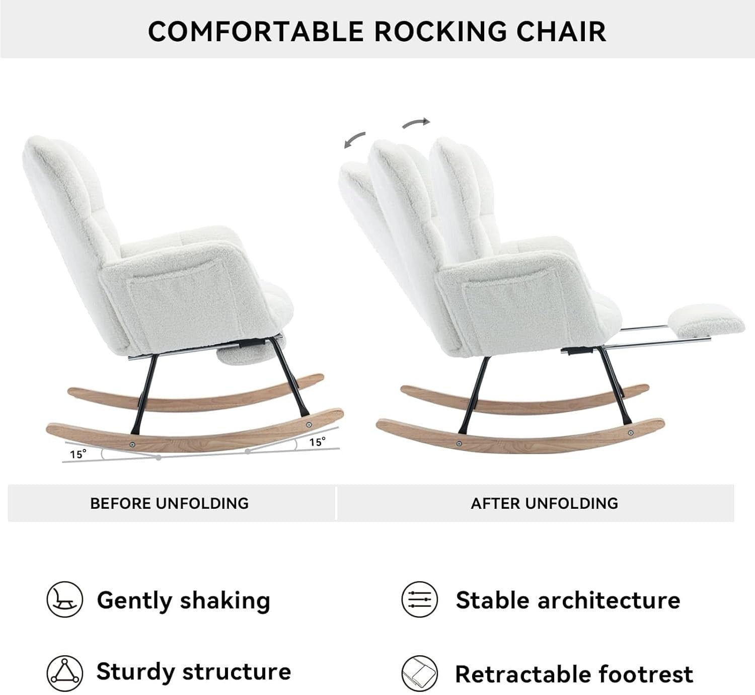 Ergonomic Nursing Rocking Chair with Footstool | Cozy Teddy Fabric, Durable Fram