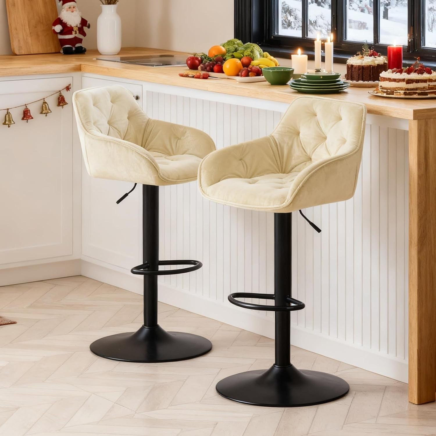 Beige Swivel Bar Stools Set of 2 Height Adjustable Counter Chairs