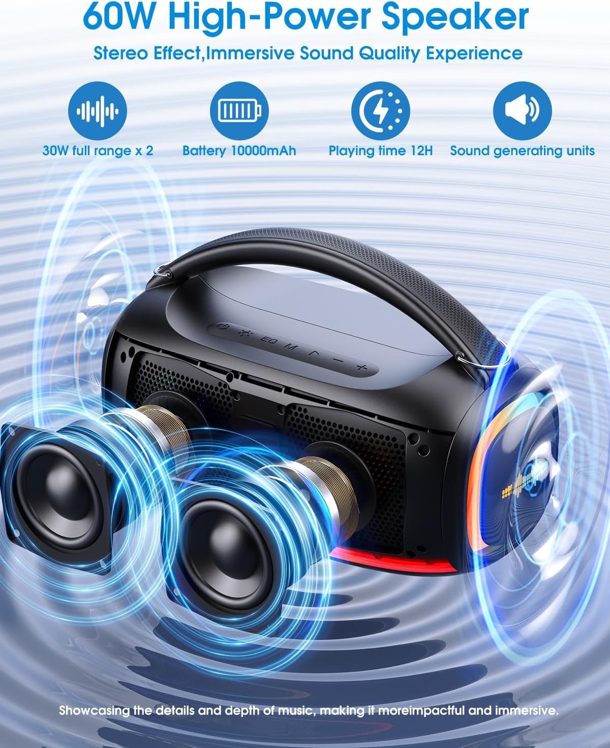 60W Karaoke Machine 2 Wireless Mics IPX5 Waterproof LED
