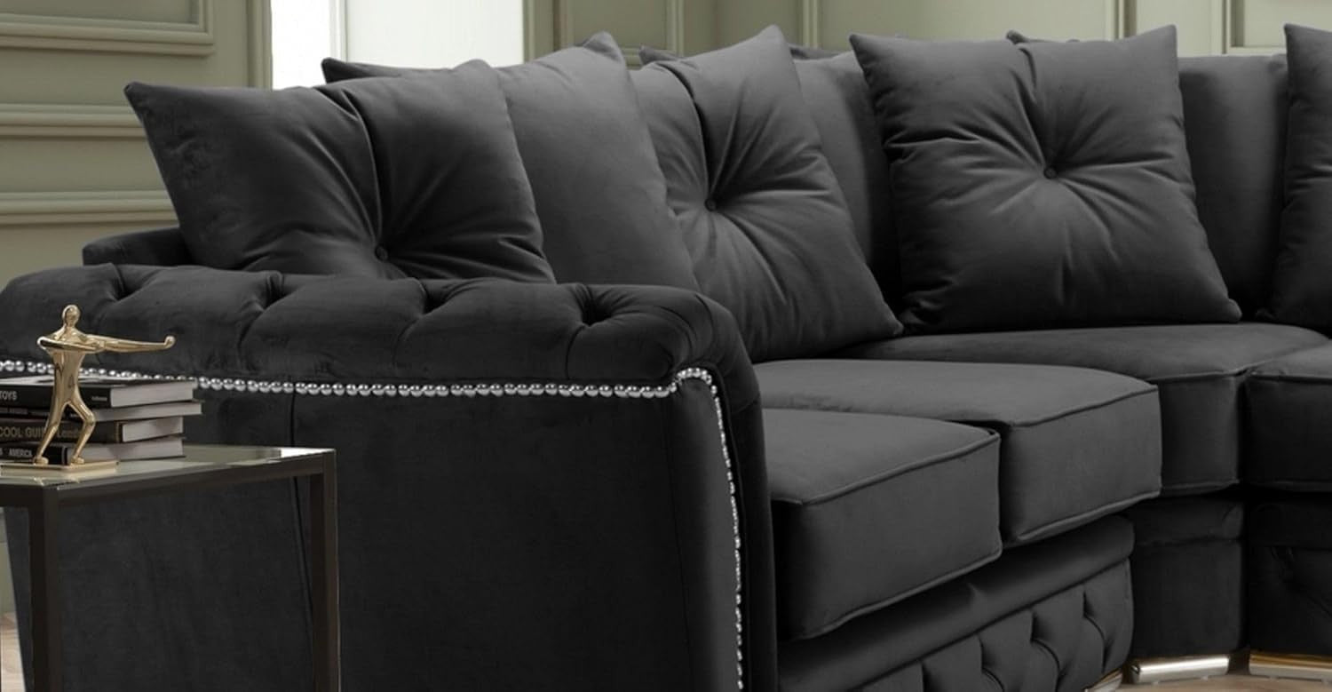 Luxury Chesterfield Black Plush 5 Seater Corner Sofa Studded Arms L-Shape