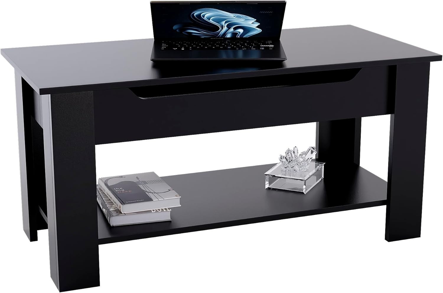 Lift Up Coffee Table with Hidden Storage & Shelf – Modern Black, 100x48cm