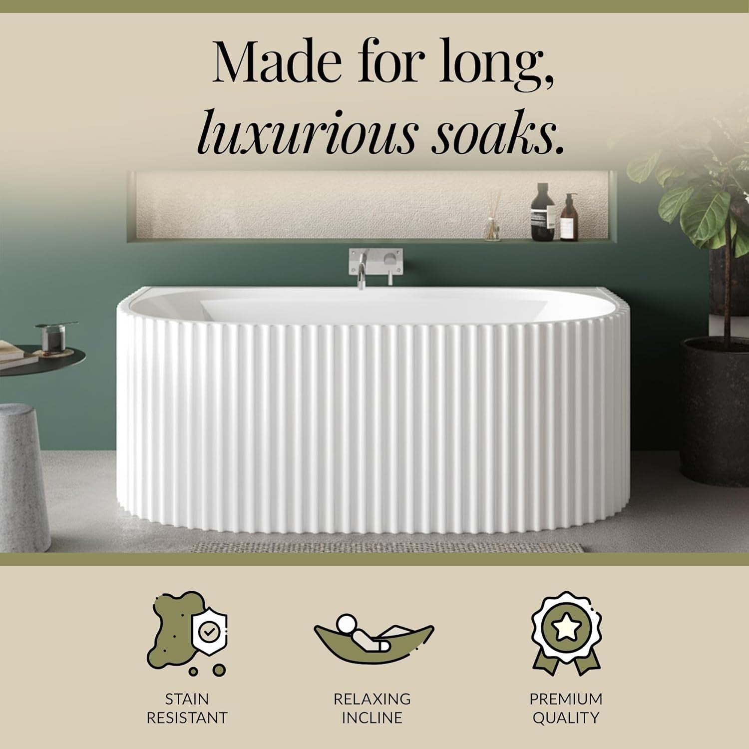 1600x780mm Oval Back-to-Wall Acrylic Bath White Fluted Soaking Tub