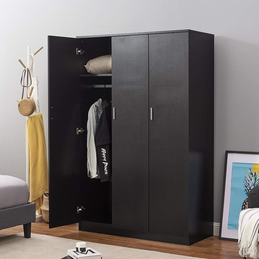 Modern 3-Door Black Wardrobe with Hanging Rail & 6 Shelves Storage Closet