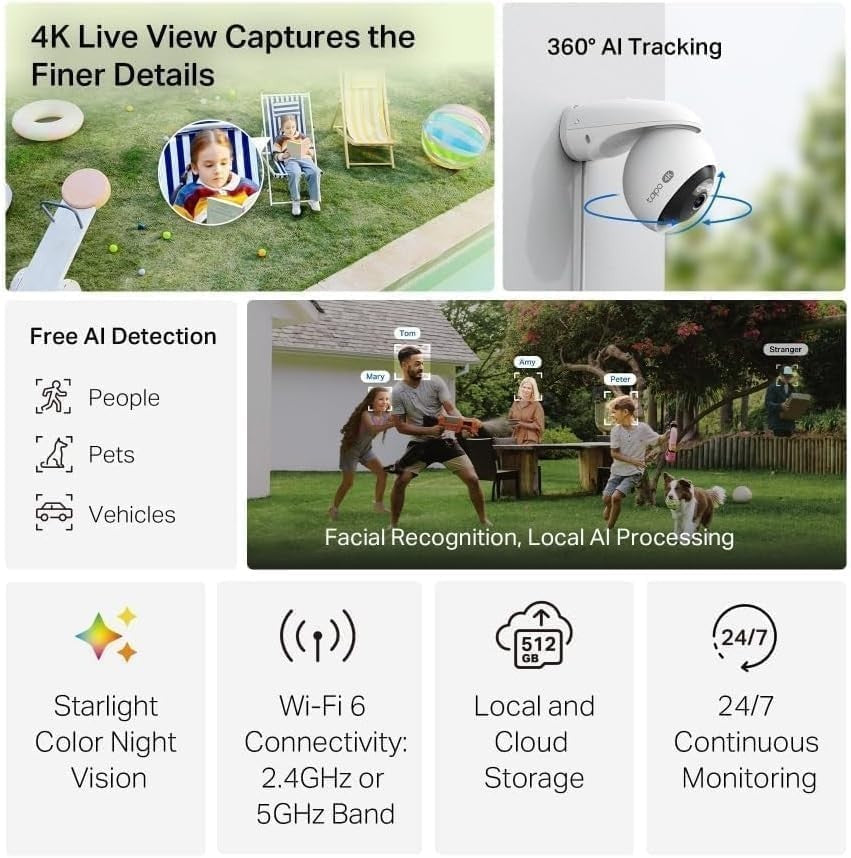 4K 8MP Security Camera Outdoor AI Facial Recognition WiFi 6 IP66
