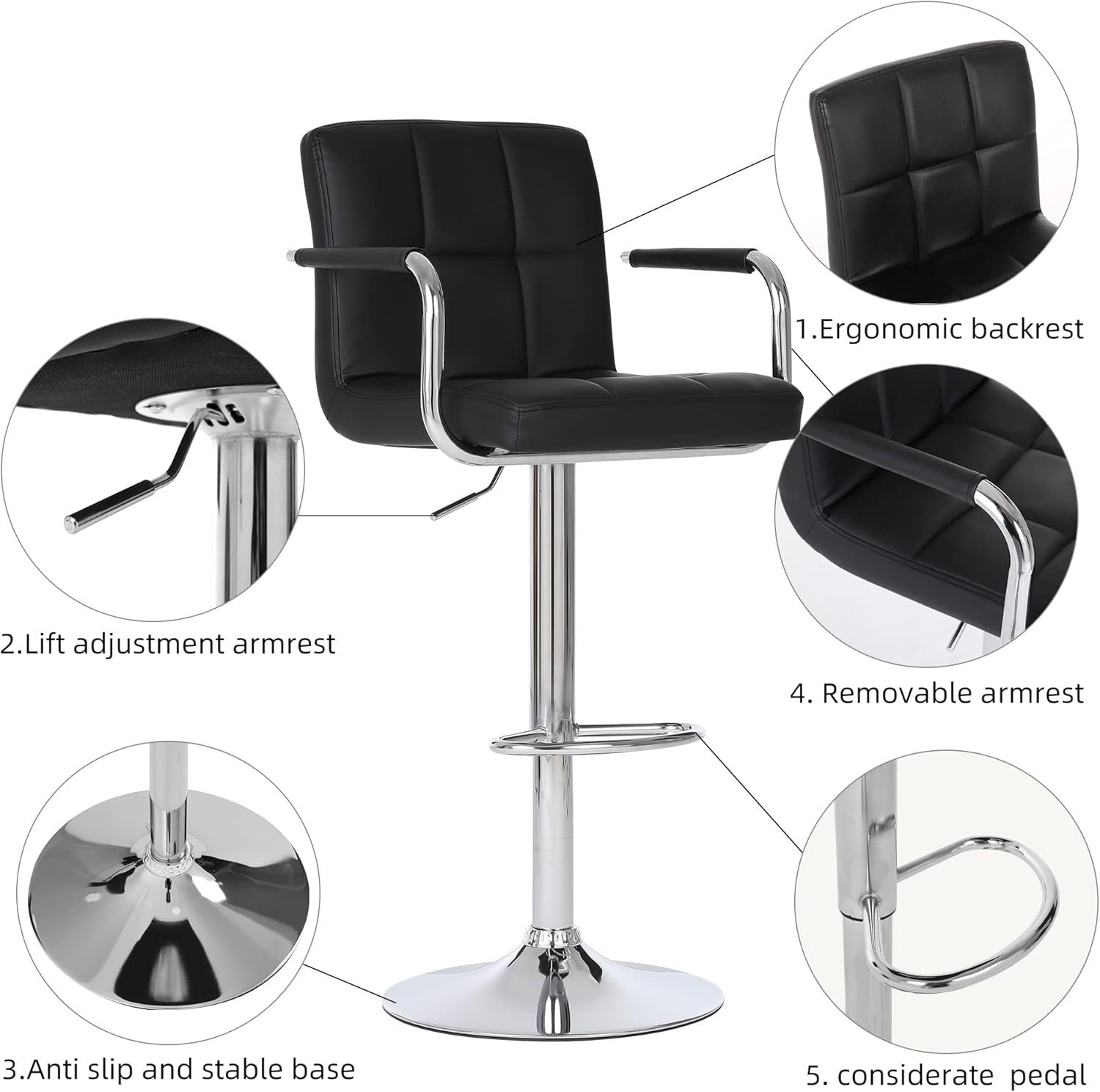 2PCS Black Adjustable Cuban Bar Stools PU Leather Arms Backrest