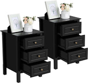 Black Bedside Tables Set of 2 | 3 Drawer Nightstands | Solid Wood Legs