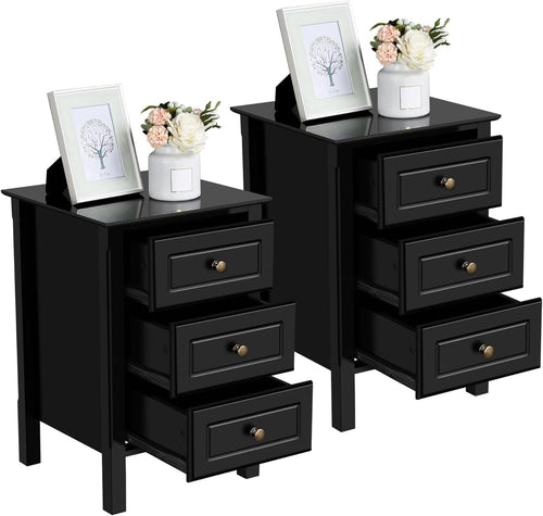 Black Bedside Tables Set of 2 | 3 Drawer Nightstands | Solid Wood Legs
