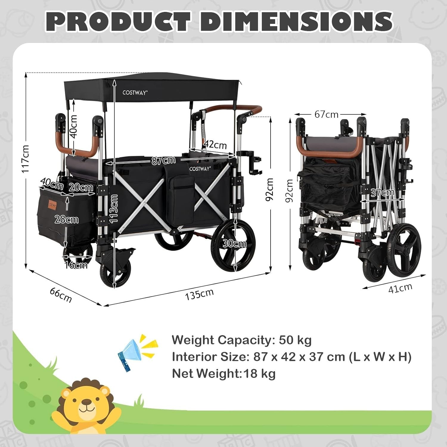 Black Push Pull Stroller Wagon 2-Seater Folding Cart w/ Canopy 5-Point Harness