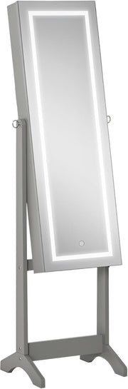 Grey LED Jewelry Armoire Freestanding Full Mirror Lockable Storage