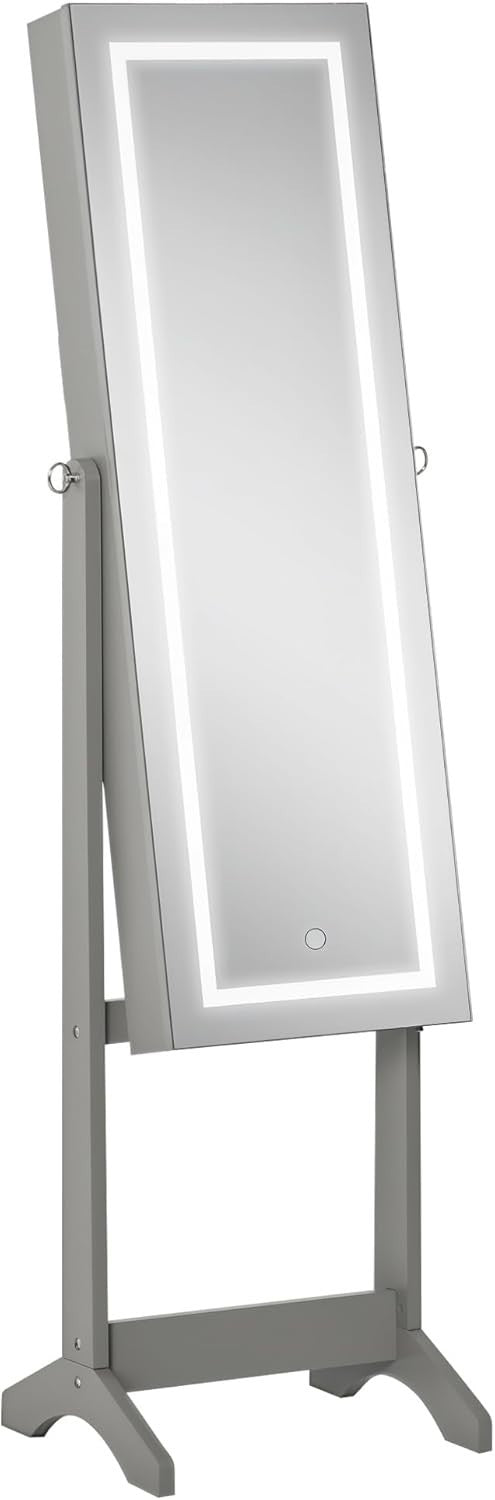 Grey LED Jewelry Armoire Freestanding Full Mirror Lockable Storage