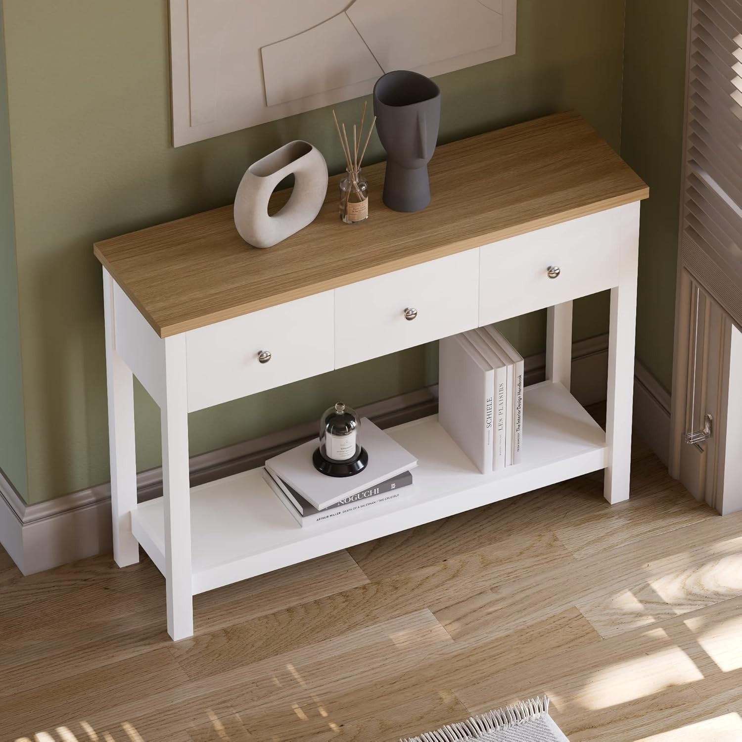 Modern White Console Table with 3 Drawers & Oak Top - Hallway Storage Shelf