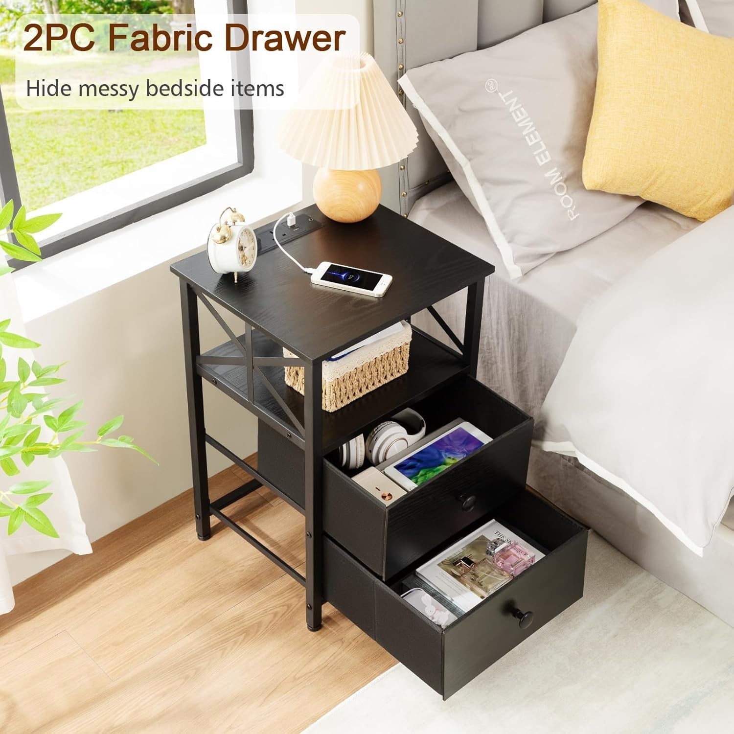 Set of 2 Black Bedside Tables with USB Charging Ports & Fabric Drawers
