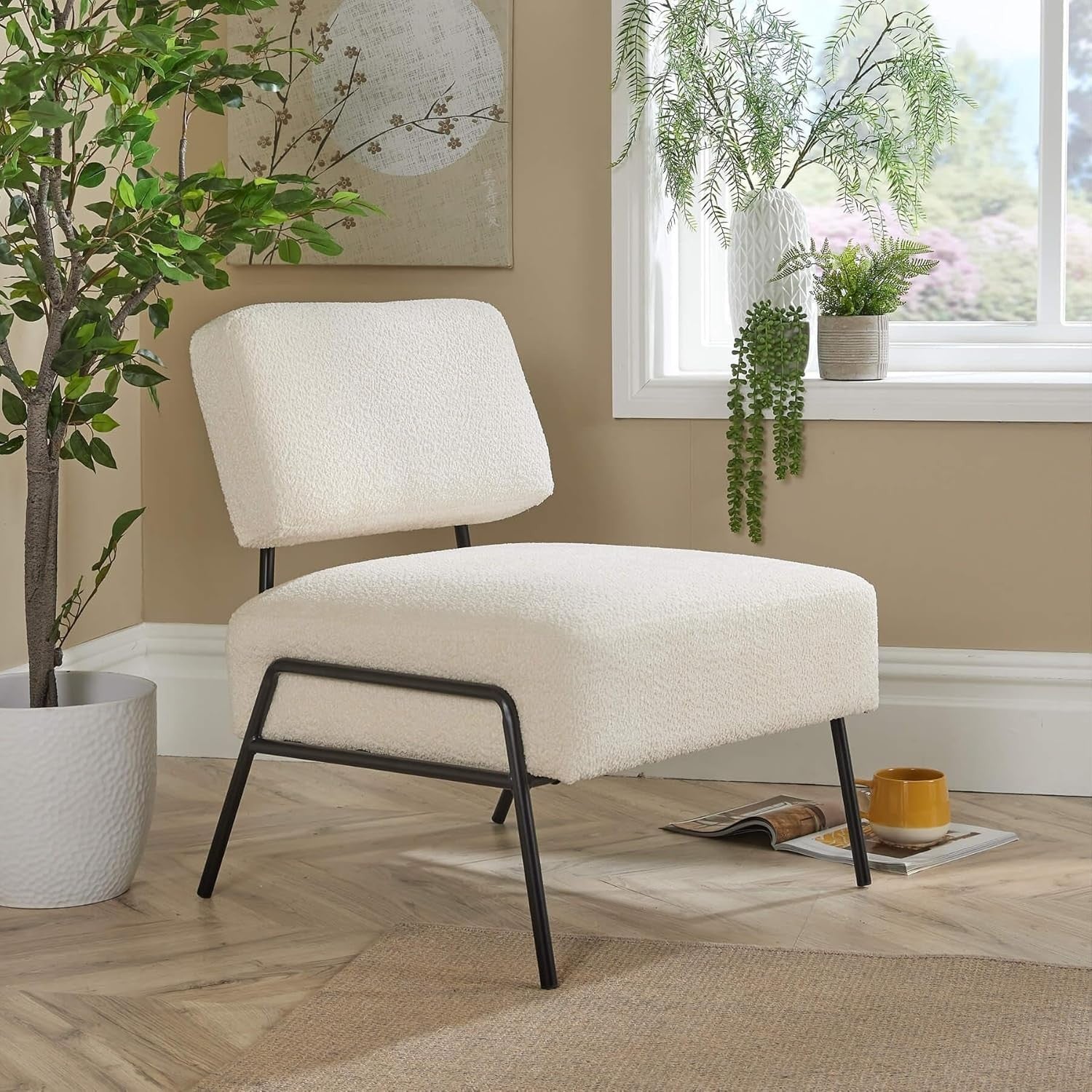 Boucle Accent Chair Cream Lounge Seat Black Metal Legs