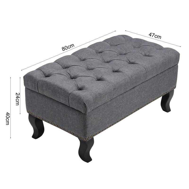 Grey Linen Ottoman Bench 2-Seater Tufted Entryway Seat with Storage