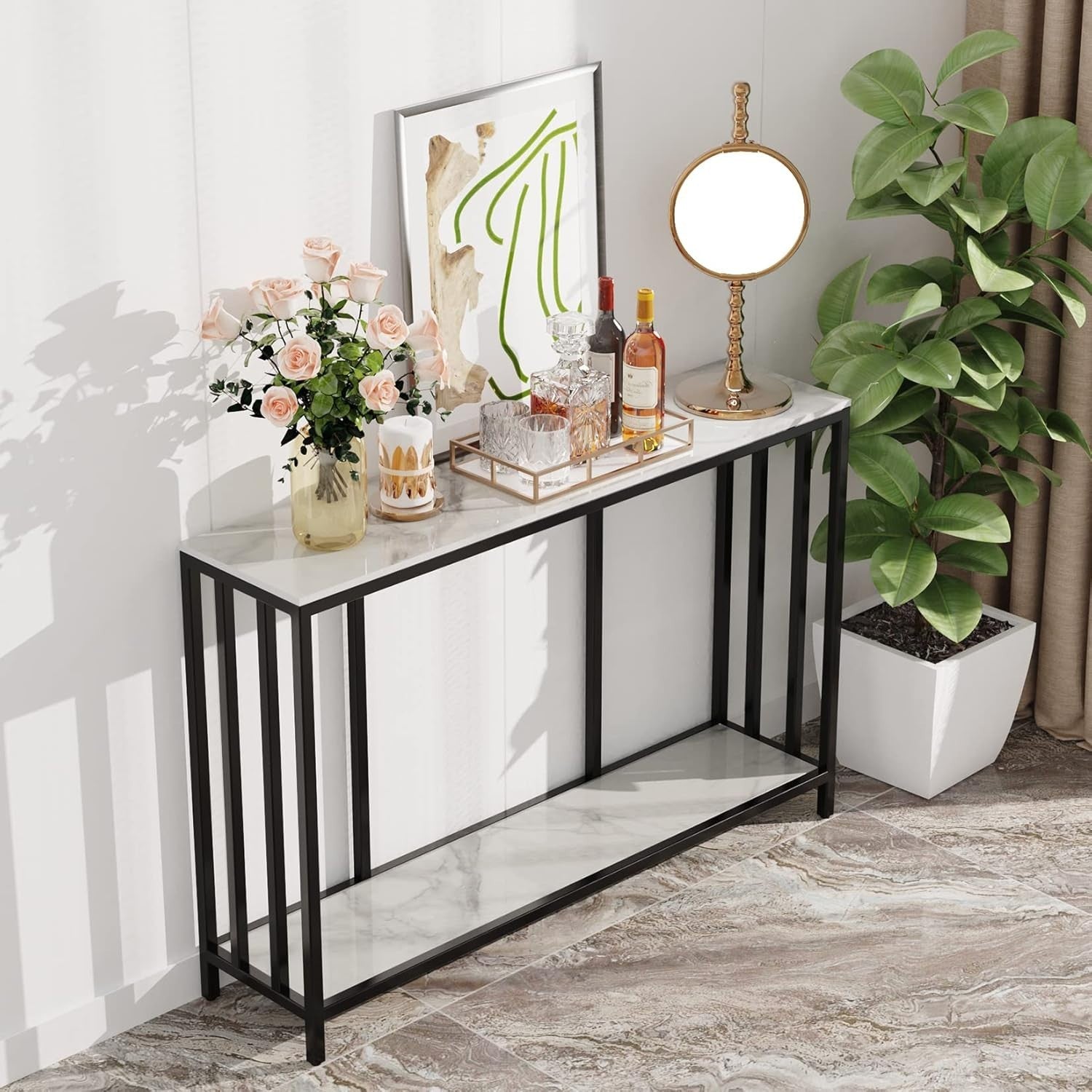 Luxury 2 Tier Console Table Marble Top Slim Modern Black Frame 120cm Hallway