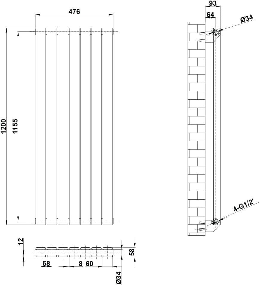 High Heat Flat Panel Vertical Radiator 1200x476mm White Double Column